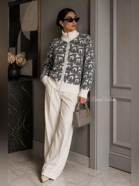Knit Zip-Up Cardigan in Gray & Cream